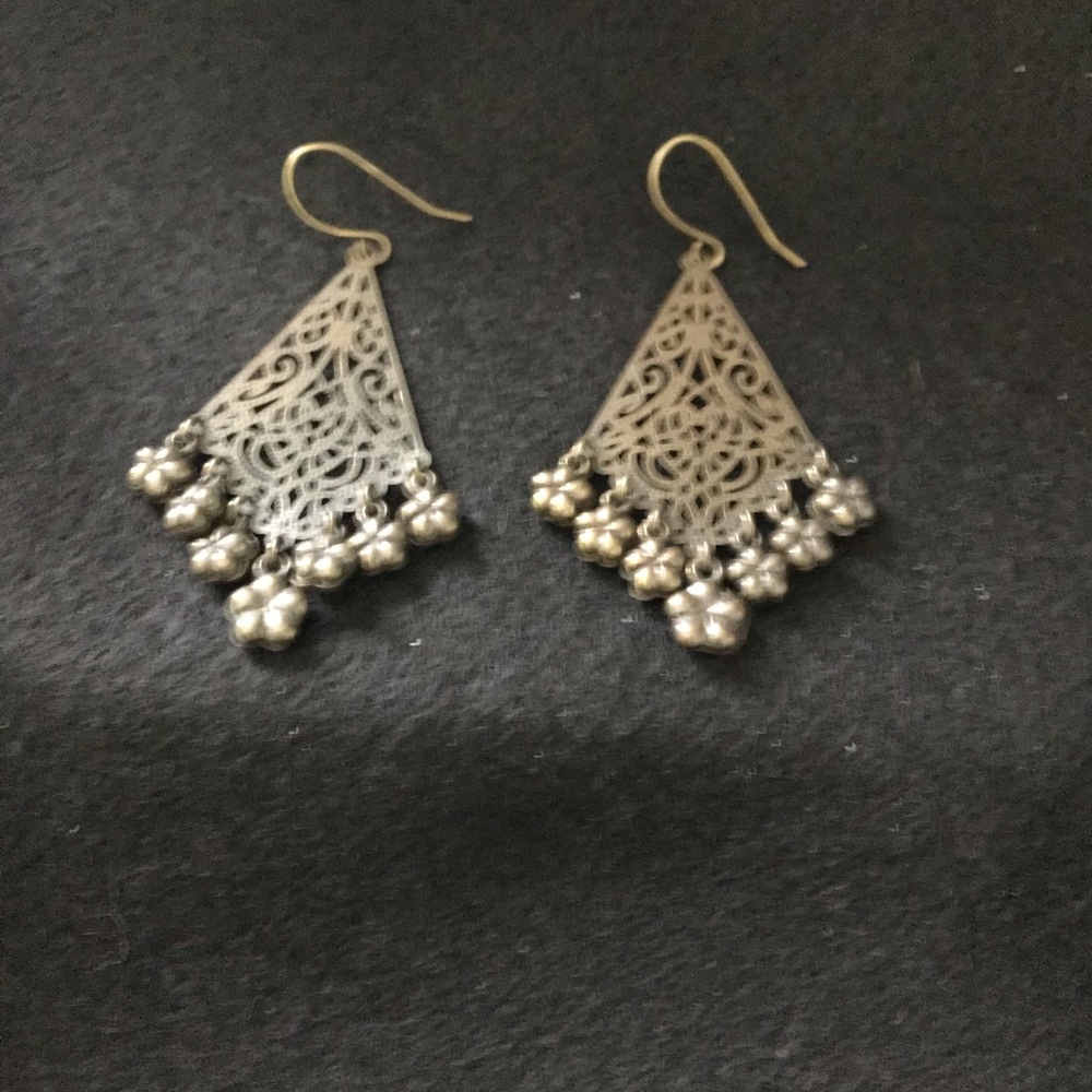 Filigree Teardrop Dangle Earrings with Floral Accents - Silver Tone